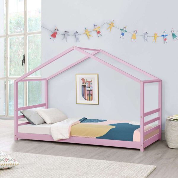 Cama Casita + Somier Pia Rosa 90x200 cm
